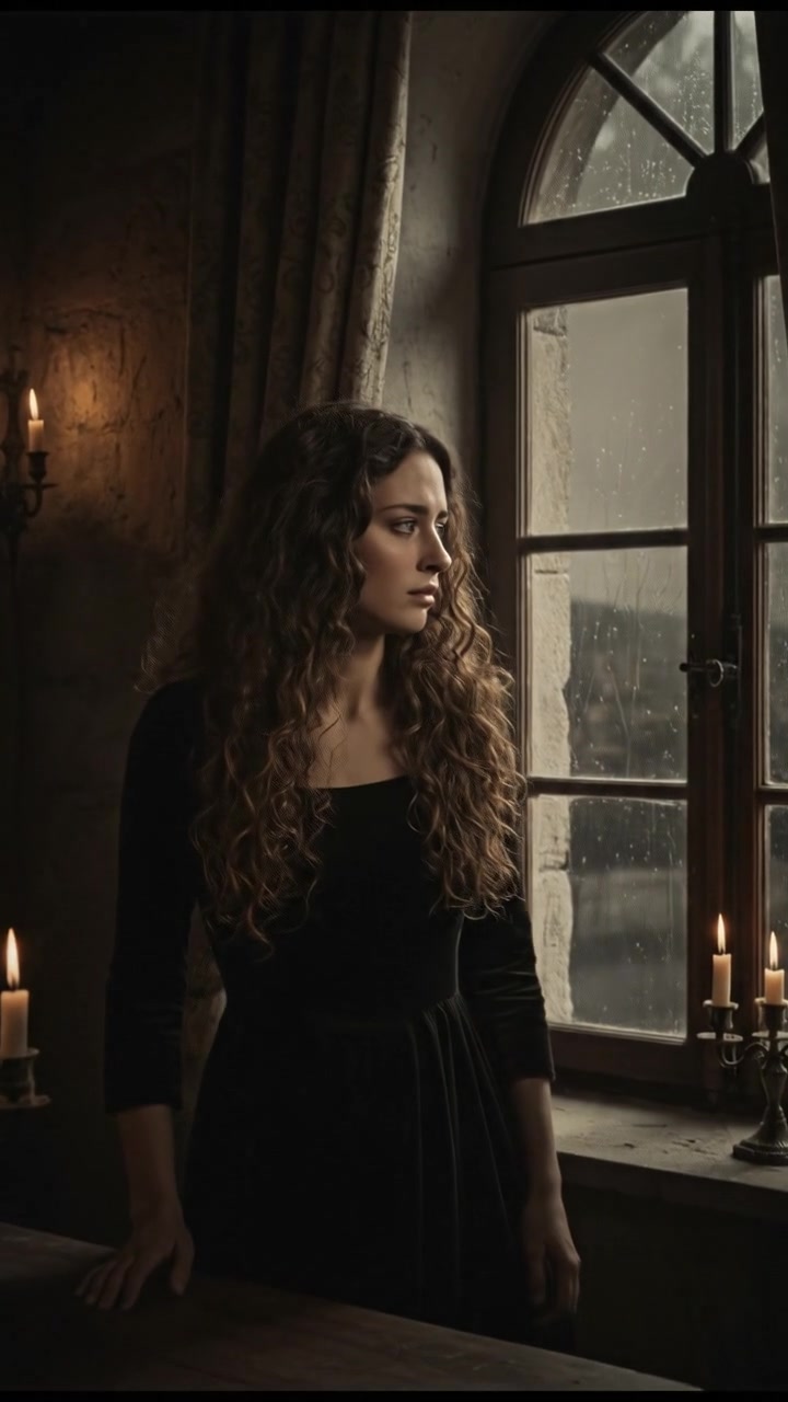 Maya looking wistfully out of a window, with a frown on her face.