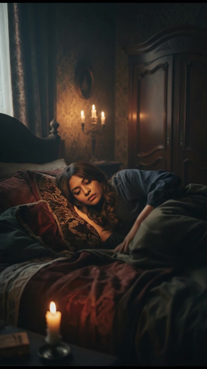 Priya lies on her bed in a dimly lit bedroom, surrounded by soft pillows and blankets.