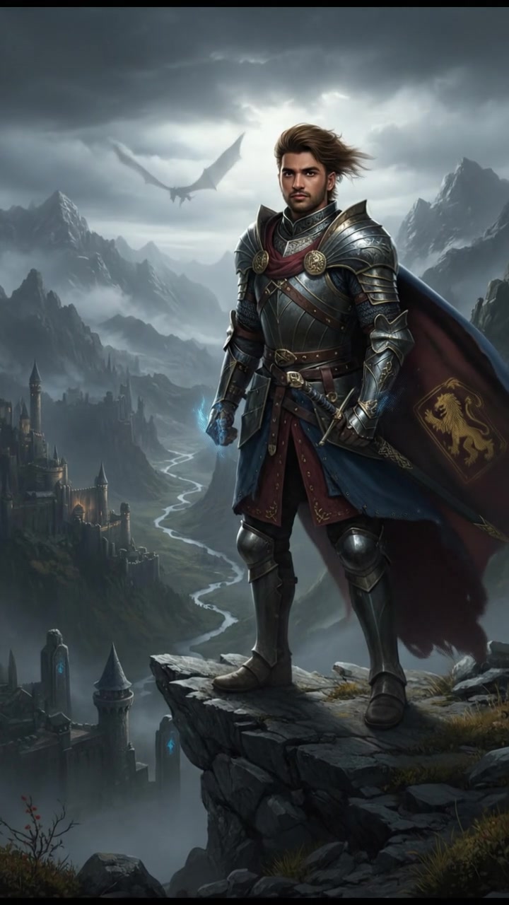 Arjun standing determined on a rocky cliff, looking out over a vast valley under a stormy sky.