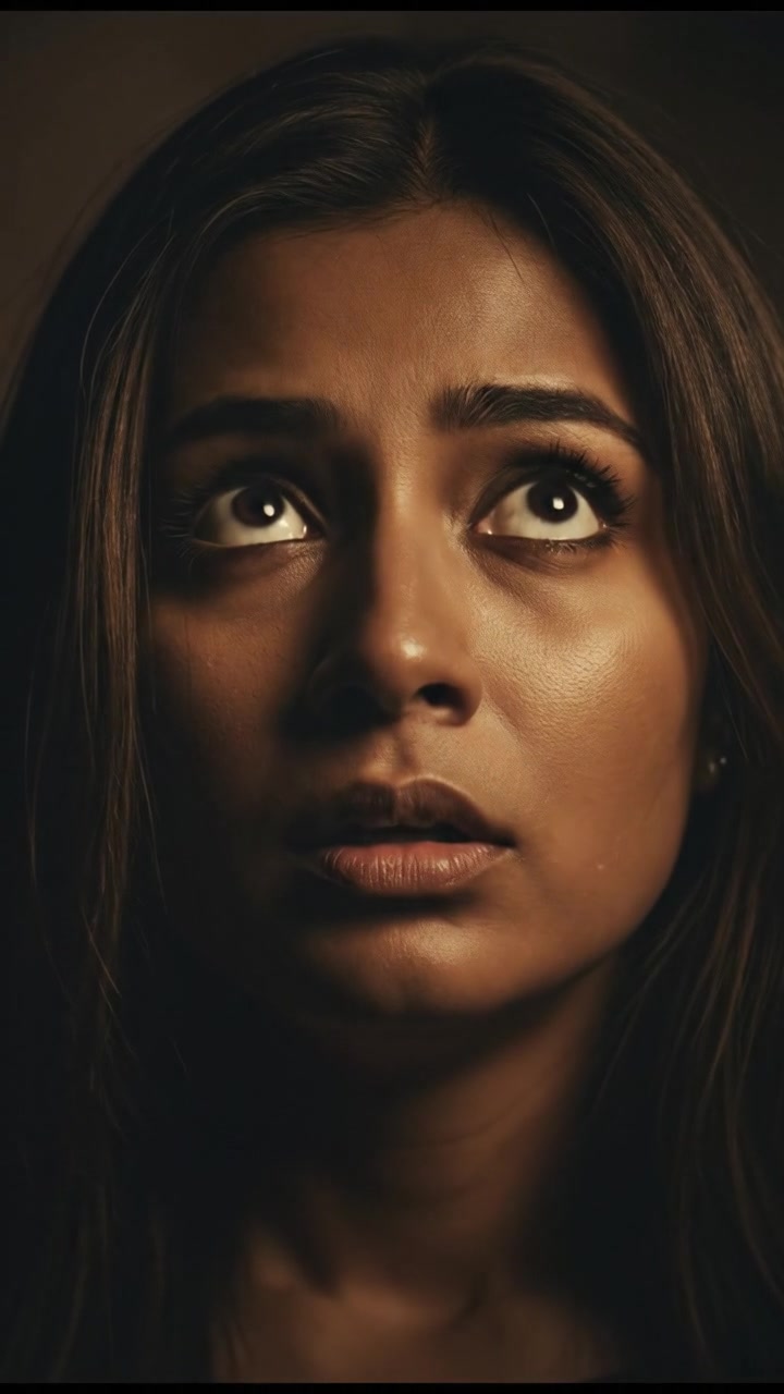 Priya's terrified eyes, wide and frantic, contrasting with her unmoving lips.