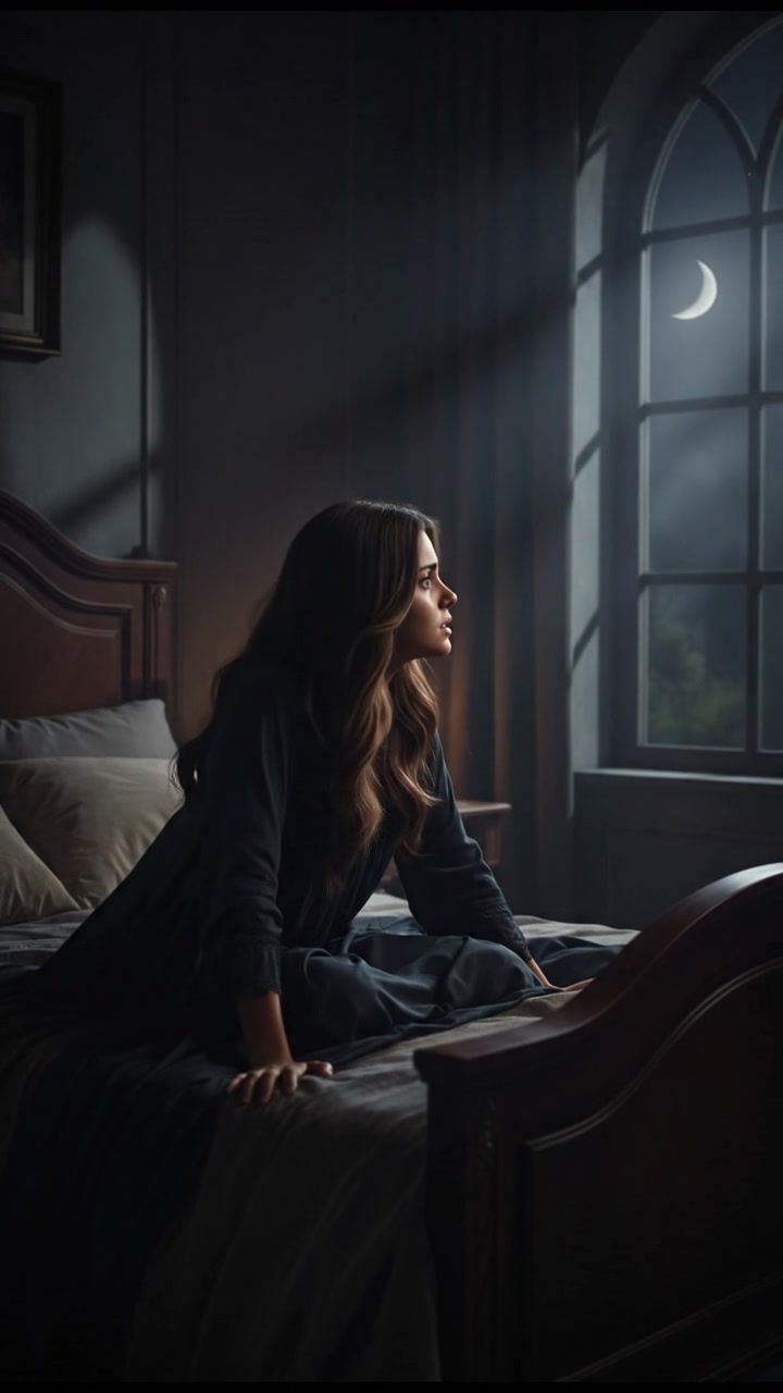 Priya sitting up in bed, looking out the window with a worried expression, whispering, "Who is that?"