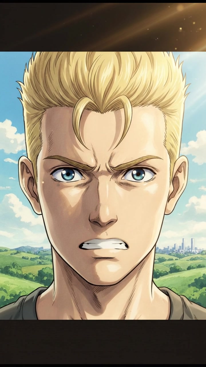 A close-up of Ryan's face showing determination, illuminated by soft sunlight.