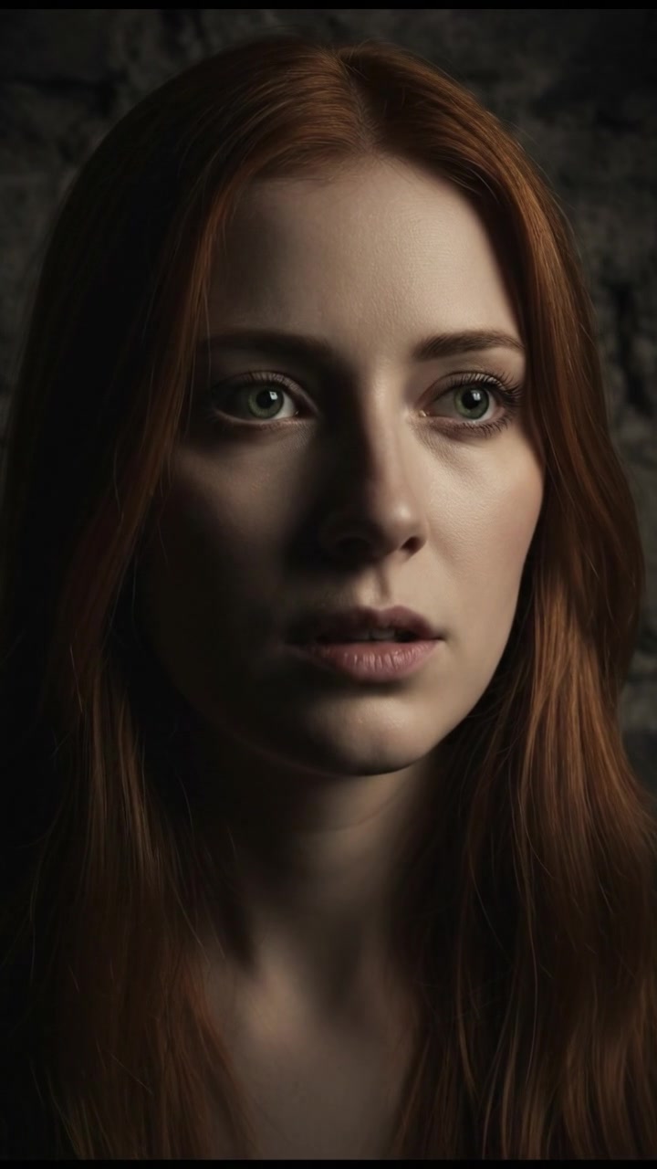 A close-up of Emma's face, her green eyes wide open, staring into the distance.