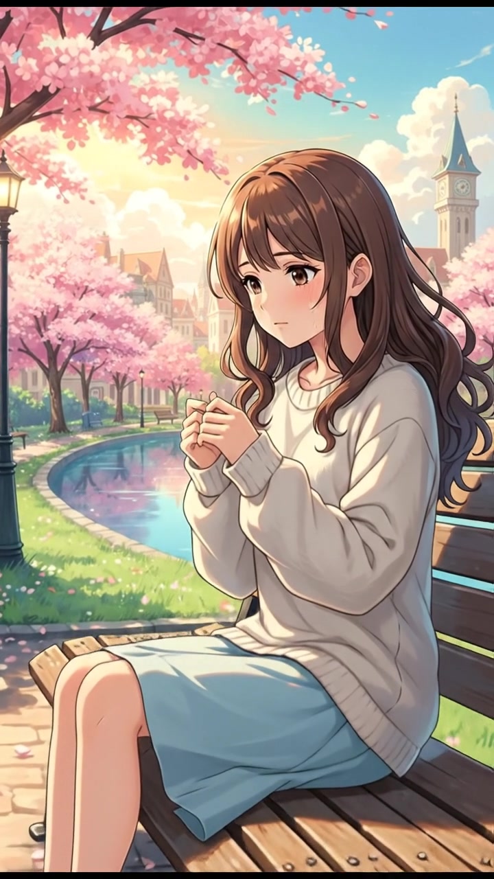 Maya sitting on a bench in the park, looking at her hands while contemplating her thoughts.