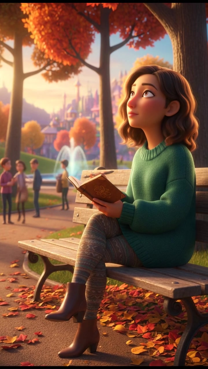 Laila sitting on a park bench, looking contemplative while holding a small notebook in her hands.