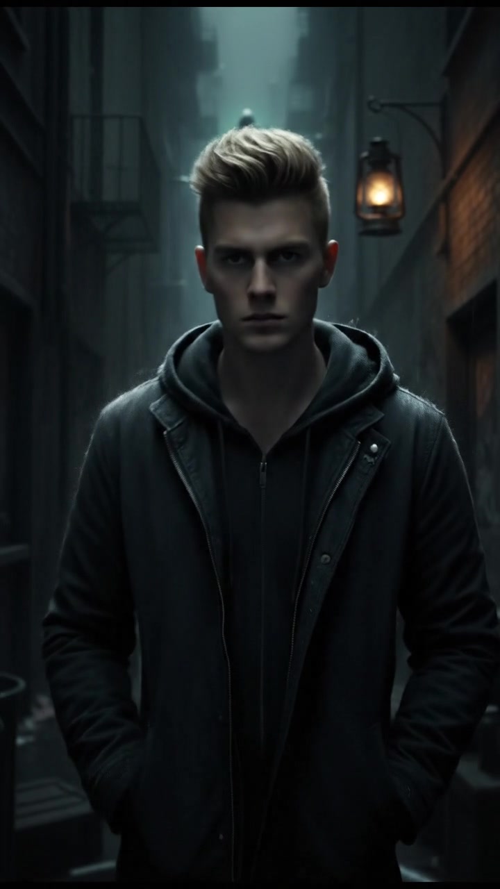 Ryan stands alone in a dimly lit urban alley, staring at a shadowy figure in the distance.