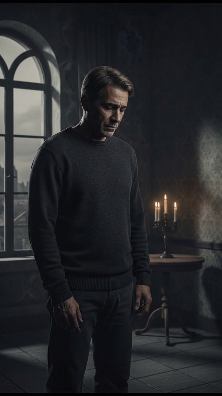 Omar standing by the window, looking out with a defeated expression.