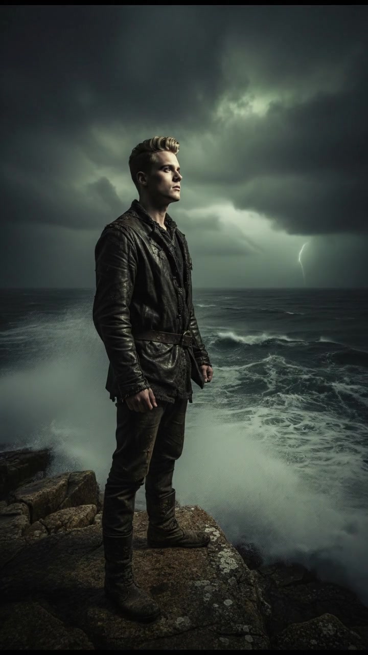 Ryan stands defiantly on a rocky cliff, gazing at a stormy sea, waves crashing below.