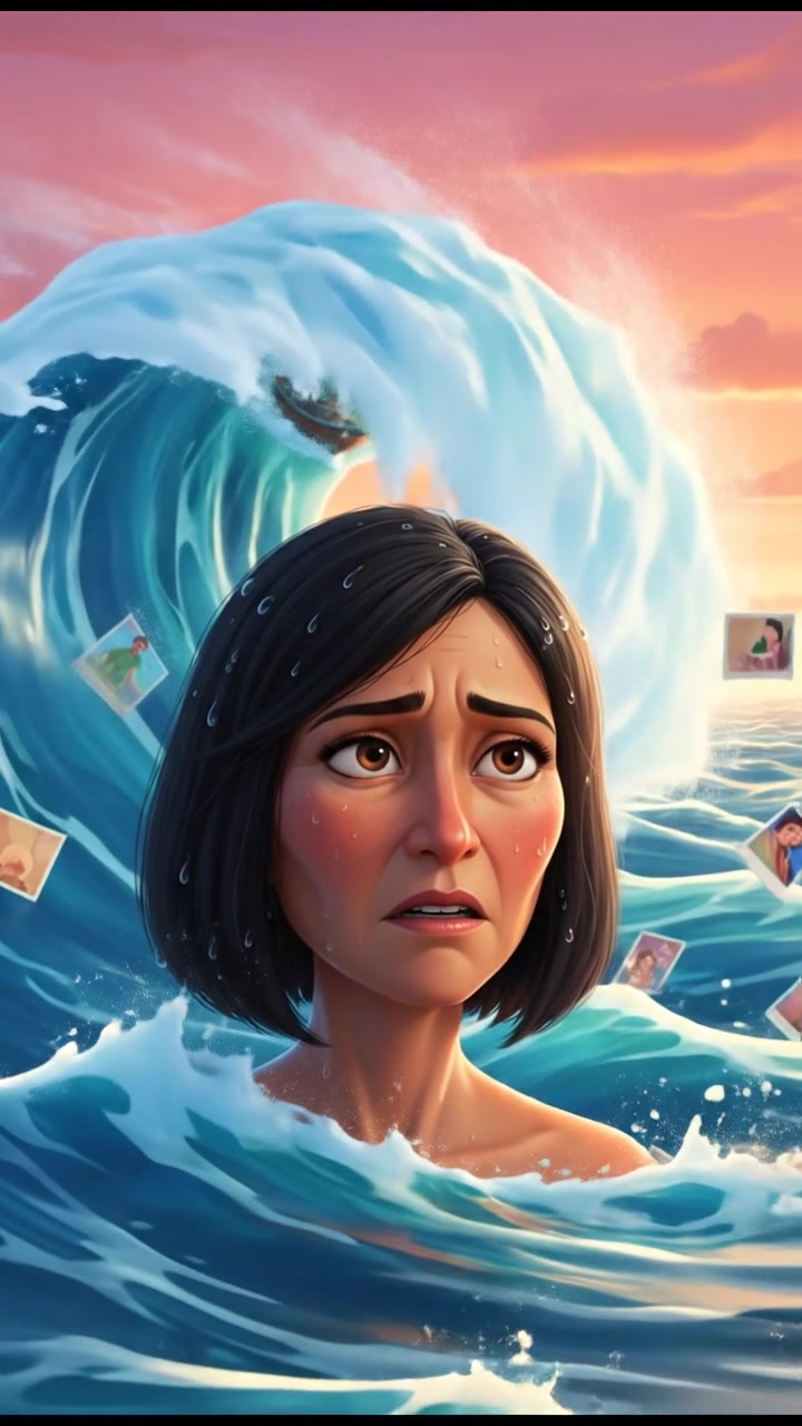 Close-up of Li's worried face as she watches the waves, recalling her past.