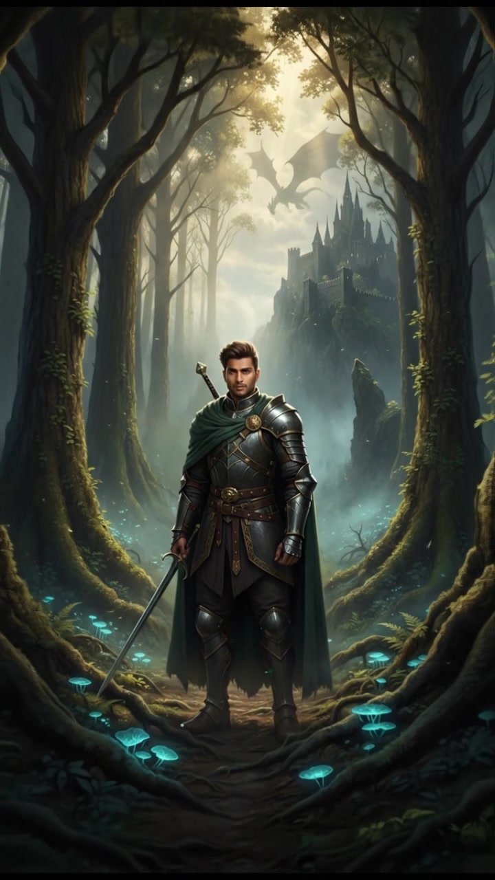 Arjun standing in a dense forest, with tall trees surrounding him and sunlight filtering through the leaves.