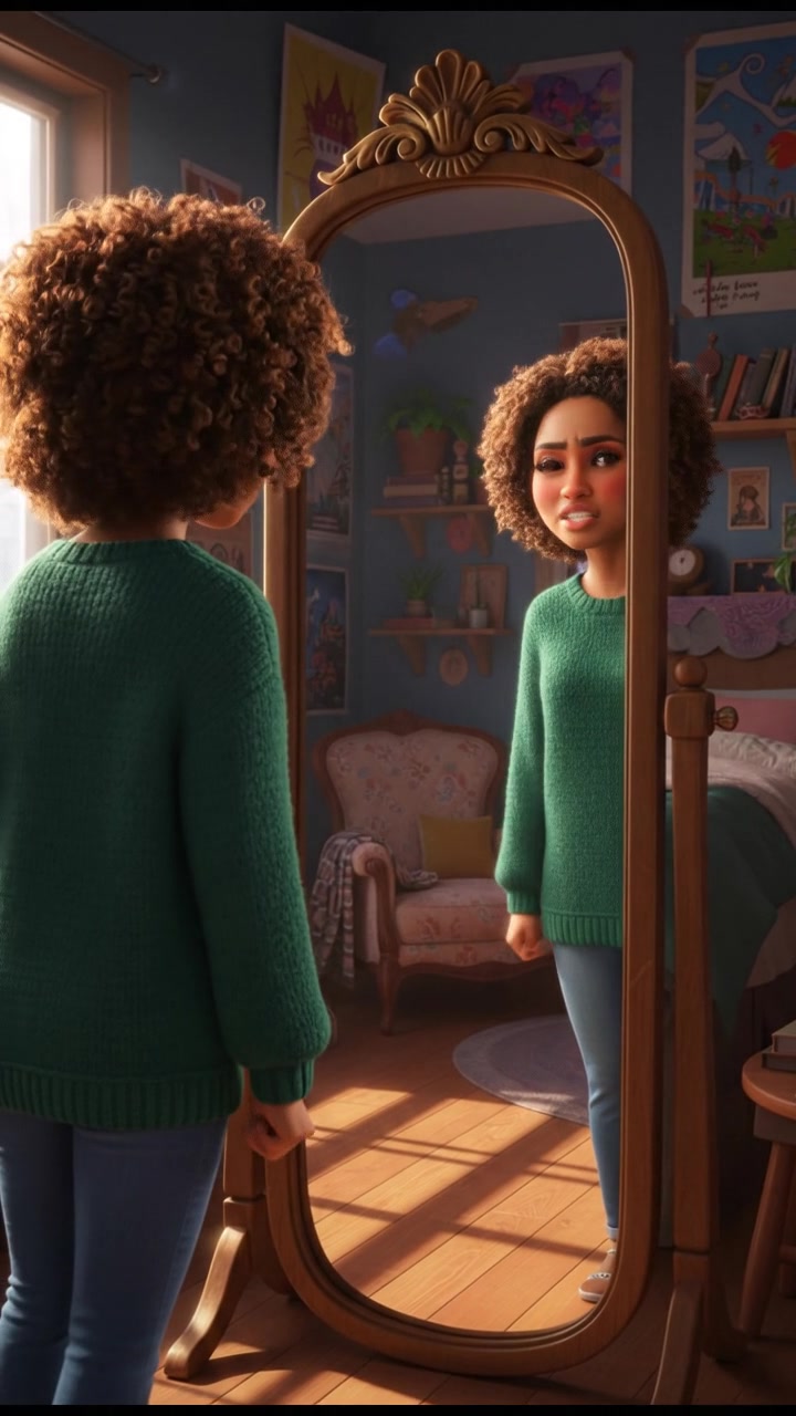 Nia standing in front of a mirror, looking stern, practicing saying to herself.