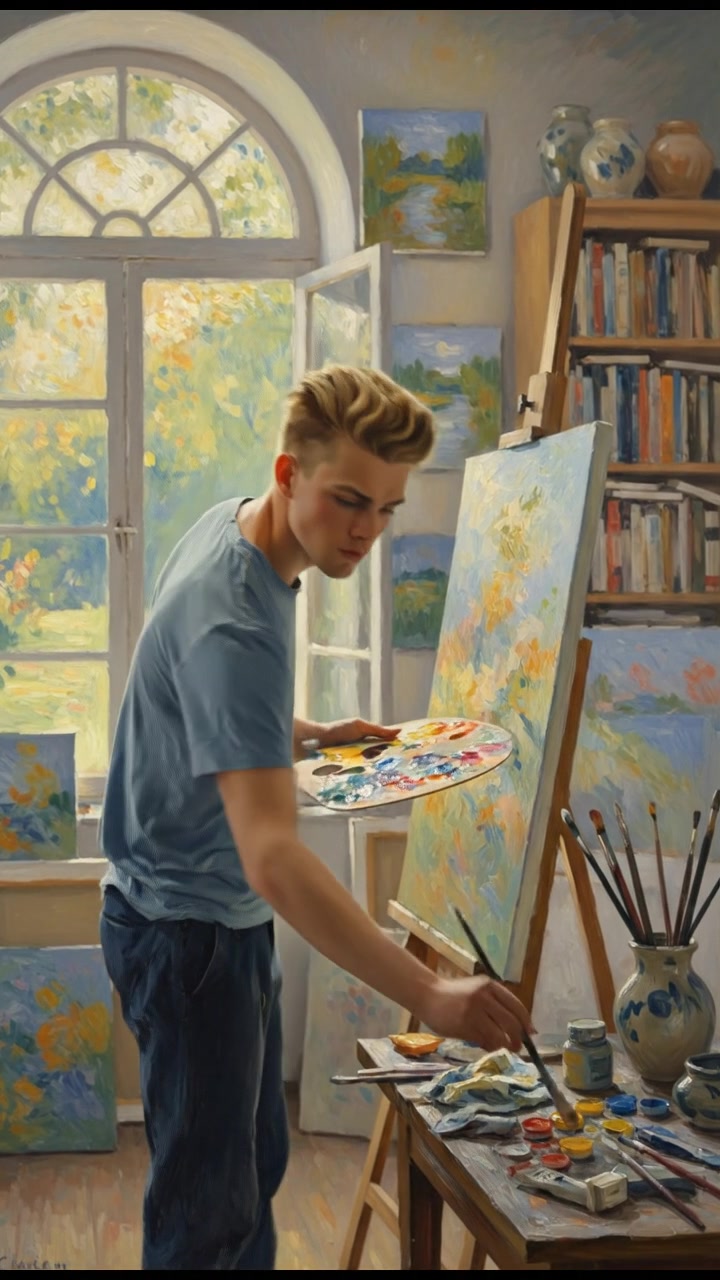 An art studio filled with various artworks, with Ryan painting with concentration.