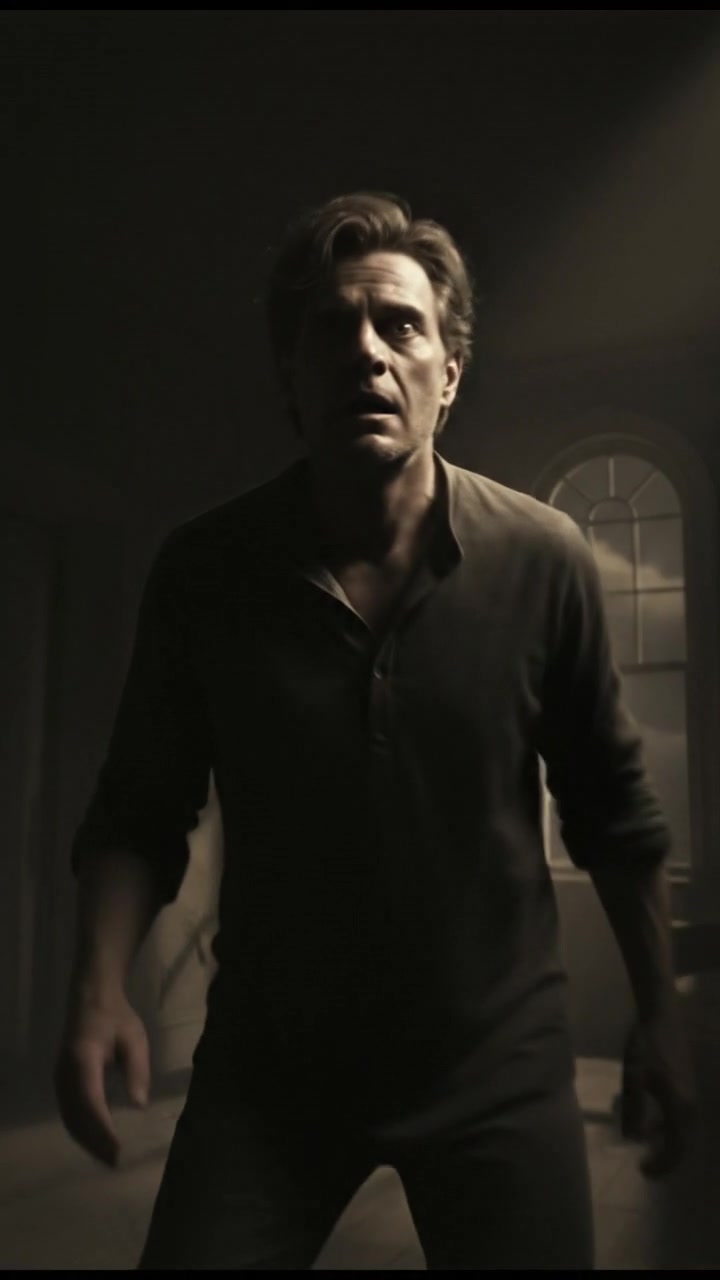 Mark stands in a dark room, looking frightened, with shadows casting around him.