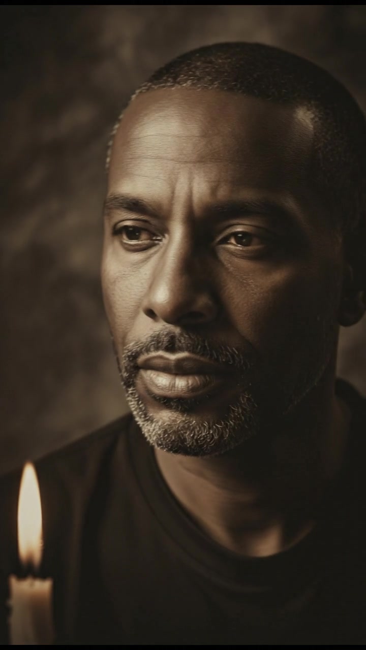 A close-up of Kwame's face, showing a contemplative expression surrounded by fading light.