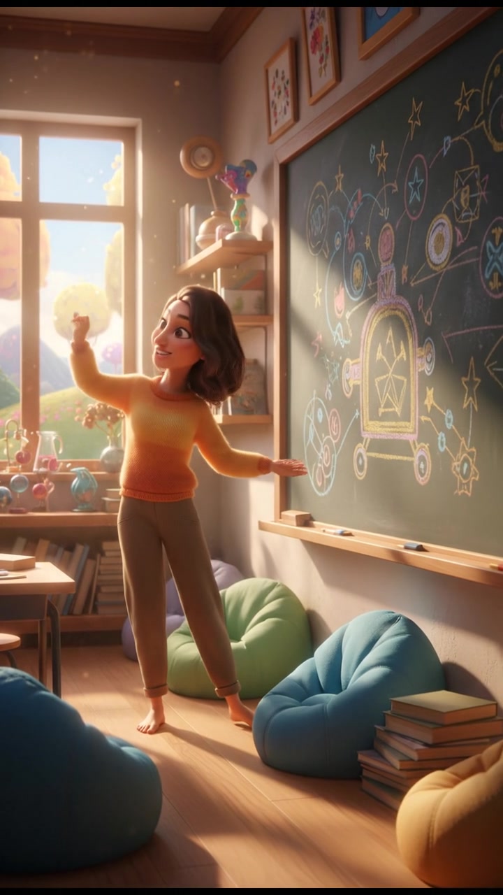 Laila standing at a blackboard in a classroom, gesturing as she explains.