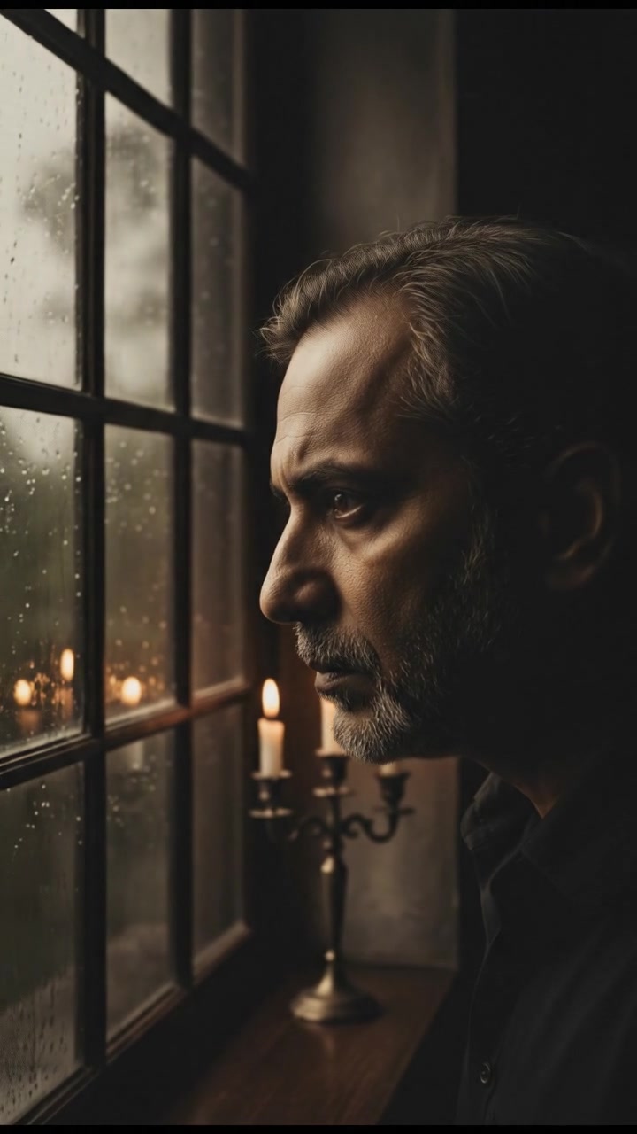 A close-up of Raj's thoughtful face as he gazes out of a window, contemplating the world outside.