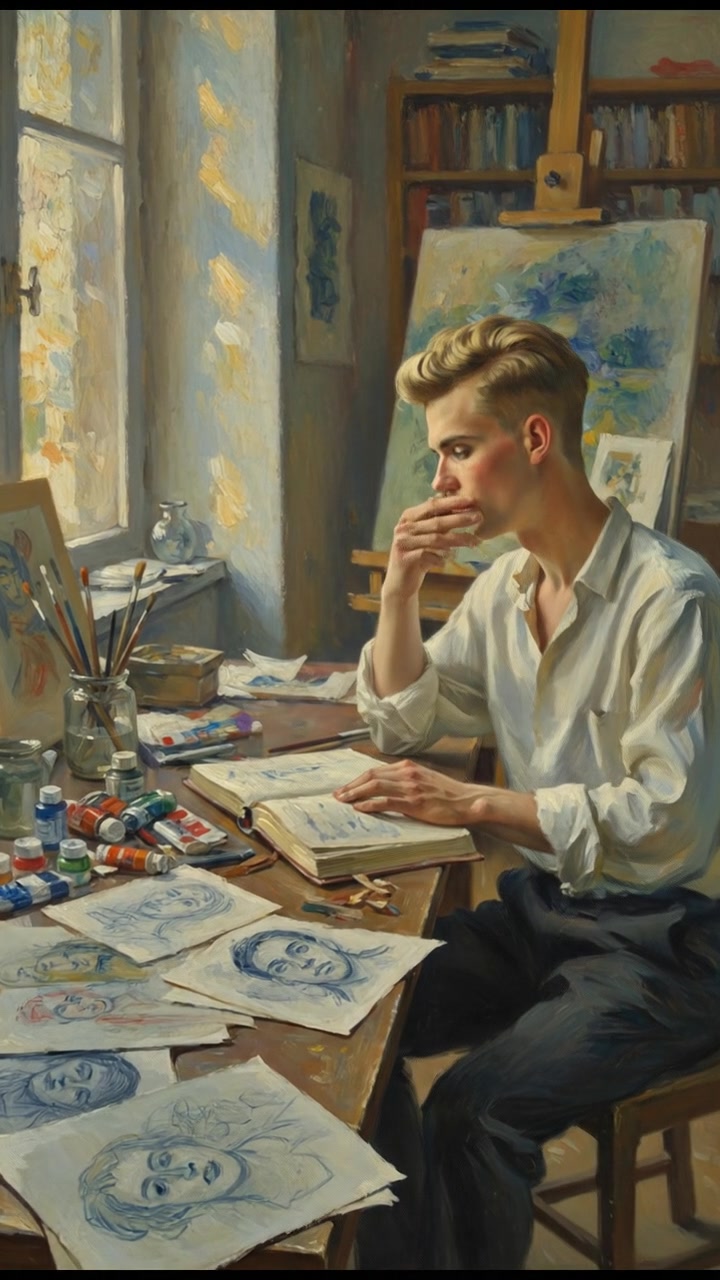 Ryan sitting at a desk, writing in a journal, surrounded by sketches and art supplies.