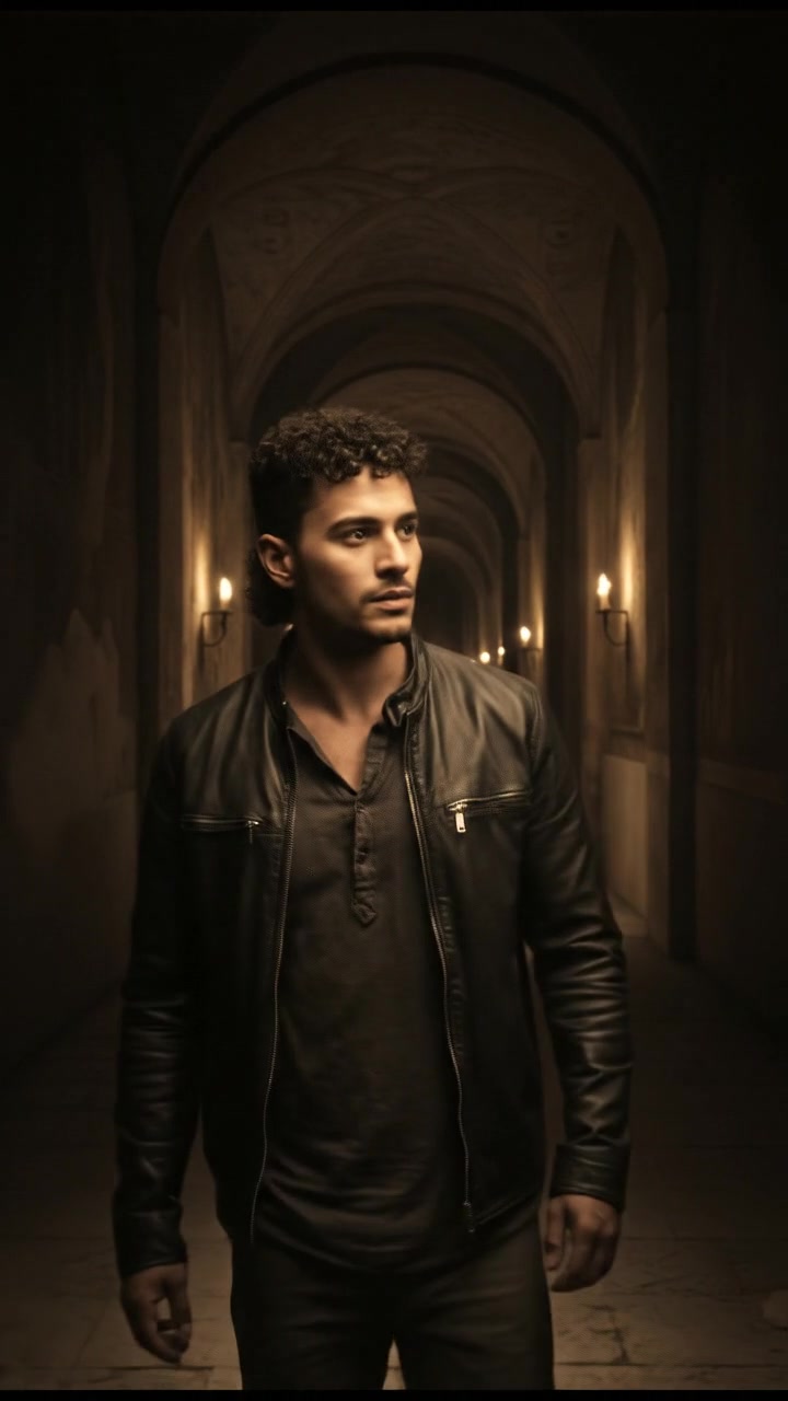 Mateo stands at the entrance of a dimly lit corridor, looking curiously down the hallway.