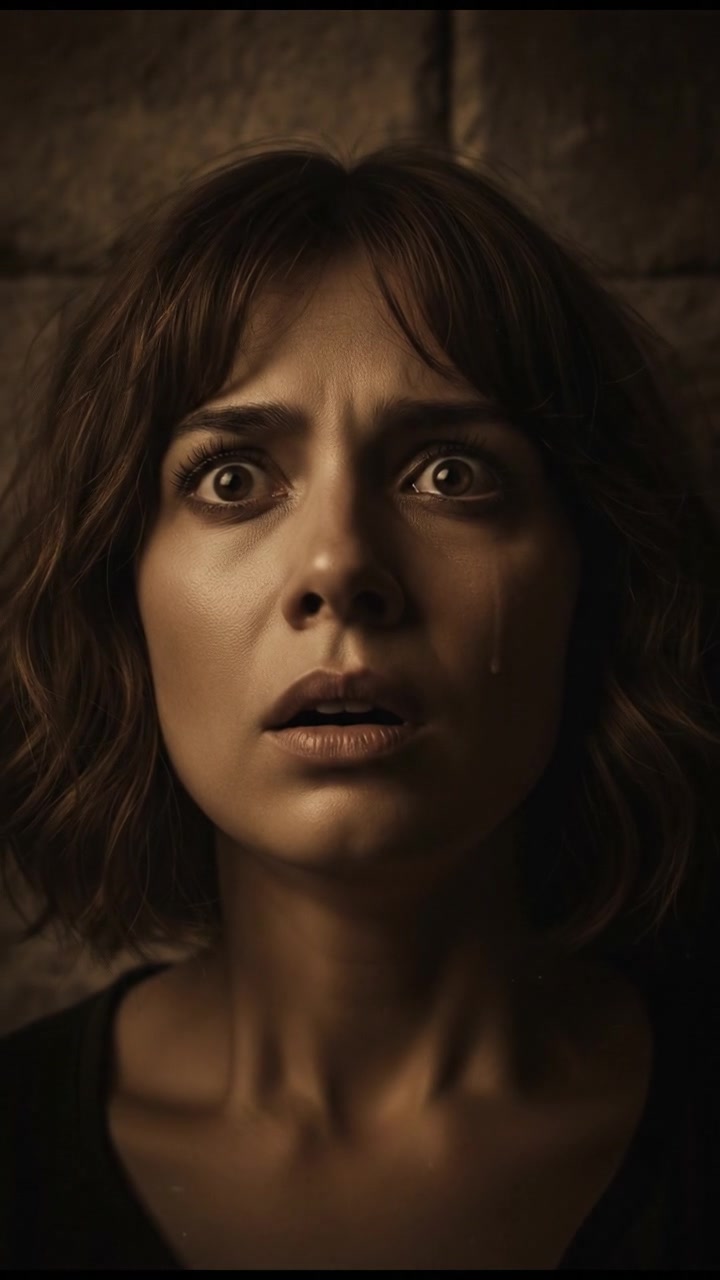 A close-up of Laila's shocked face as she hears a strange sound coming from above.