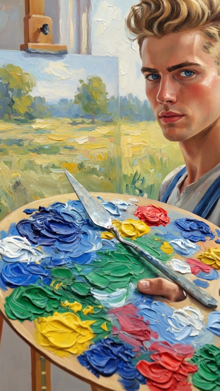 A close-up of Ryan's paint-covered palette, revealing vibrant colors, with a canvas in the background.