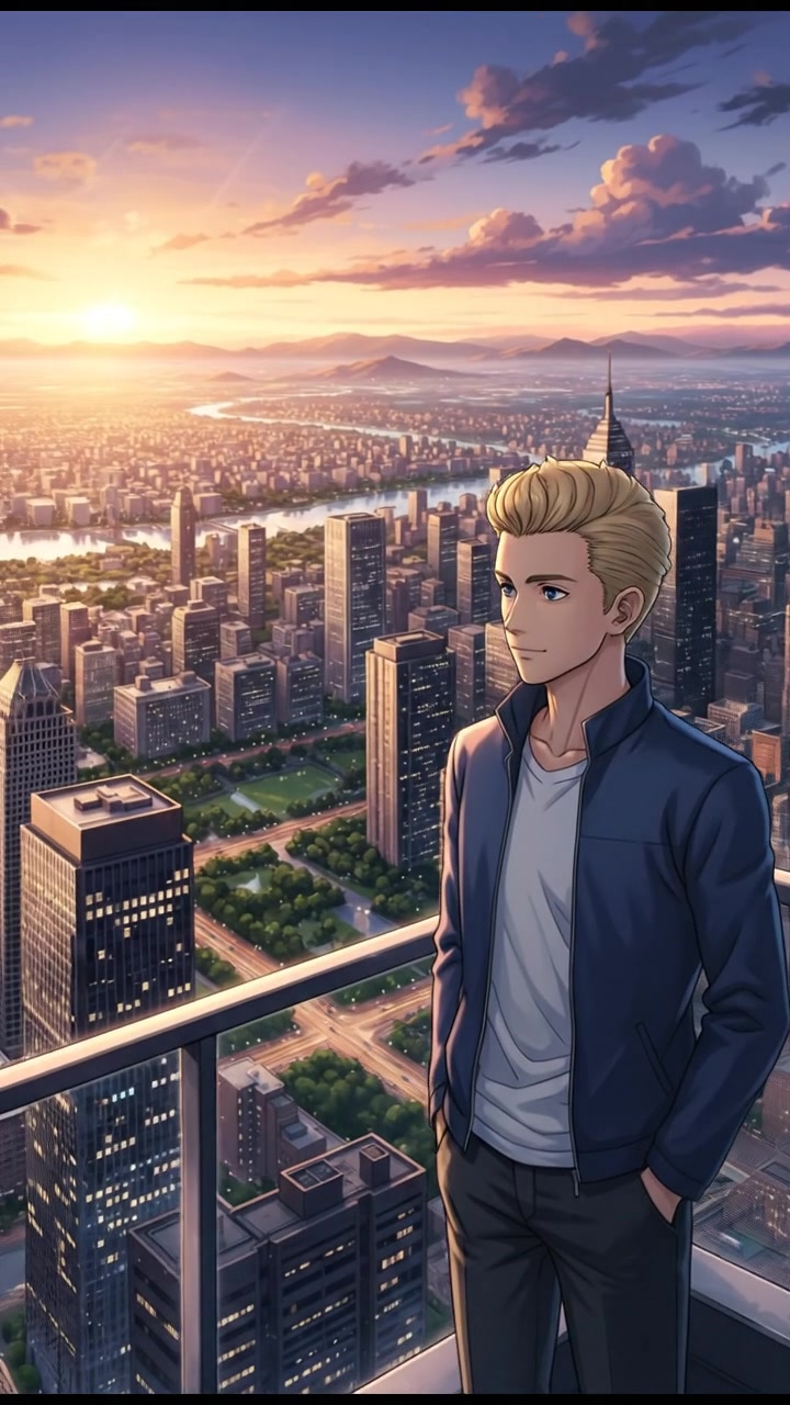 Ryan standing on a 40th floor balcony overlooking a city skyline, with a calm expression.