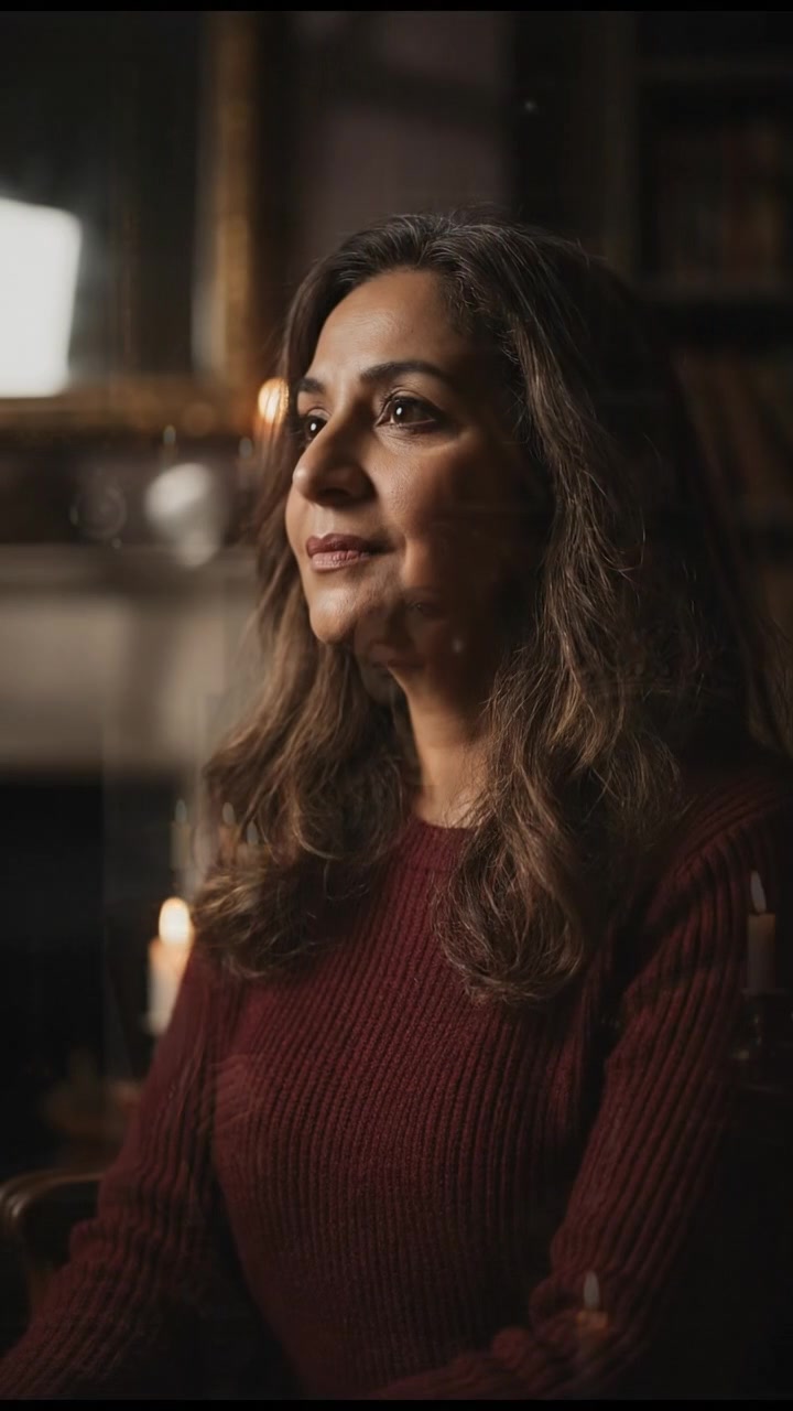 Asha sitting in a cozy living room, a wistful look on her face.