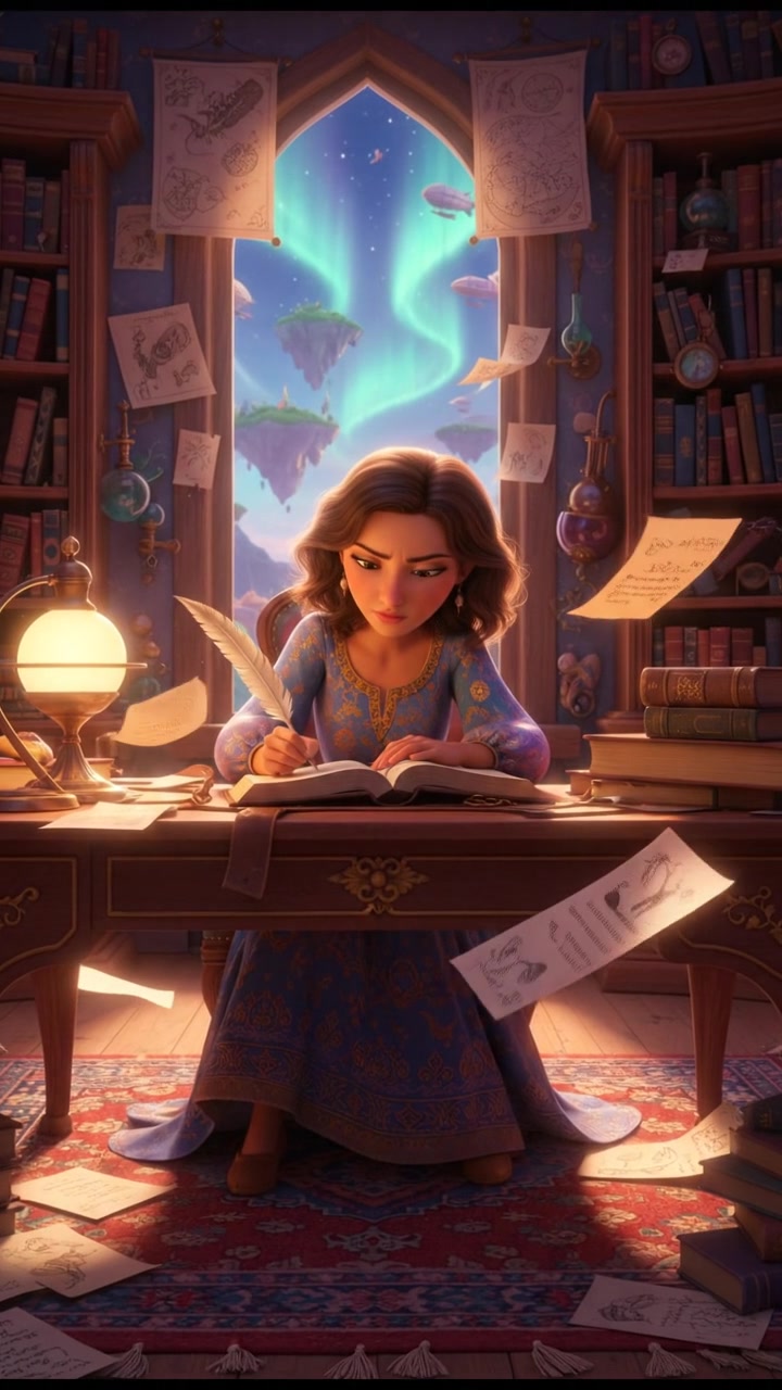 Laila at a desk, focused and writing intently, with pages of her work scattered around.