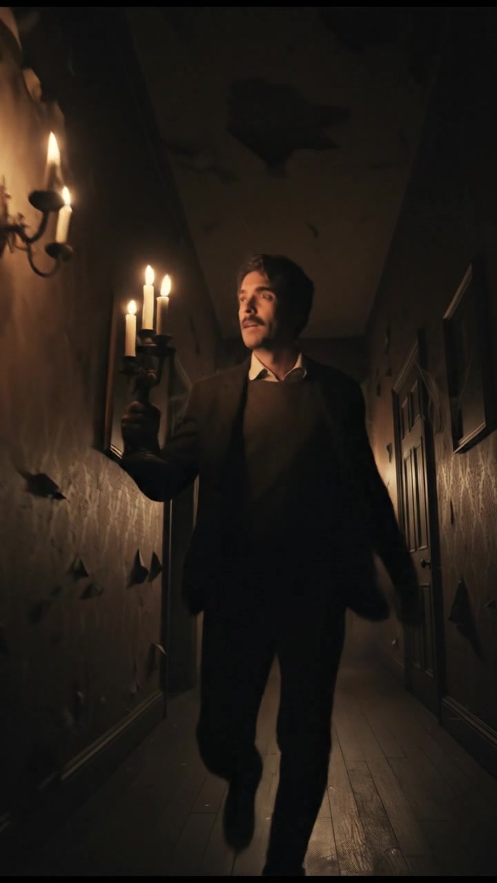 Mark stands in a dimly lit hallway, looking back in fear as he runs toward a door.