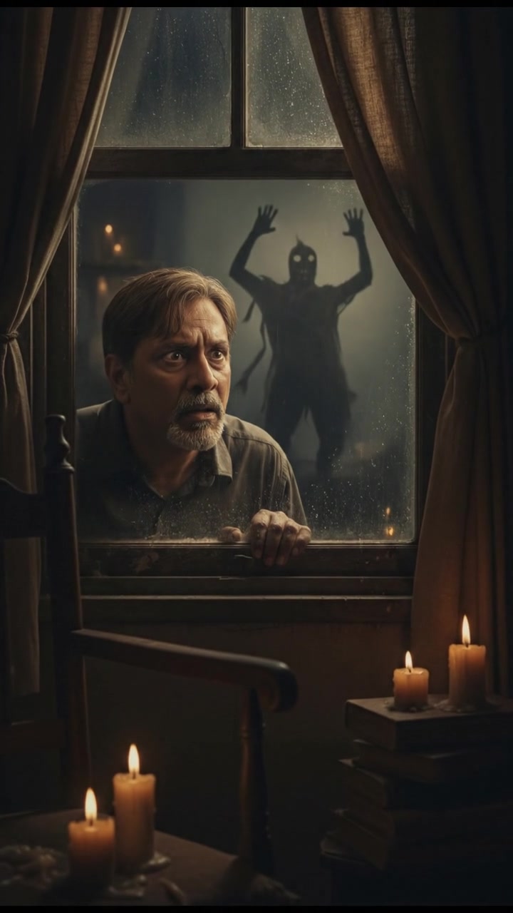 Raj peeking through a window, looking fearful, as he sees something unsettling outside.