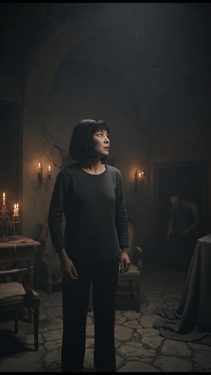 Li stands in a dimly lit room, looking anxiously towards a shadowy corner, her expression tense.