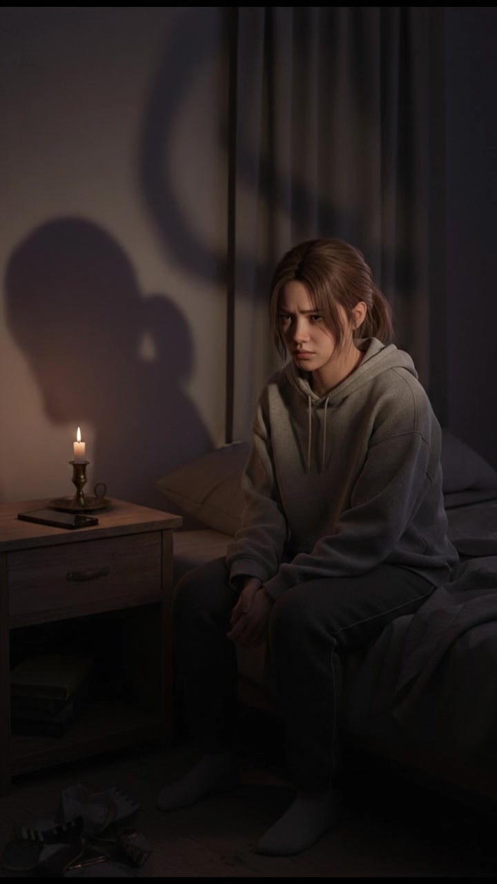 Mei sitting on her bed, visibly anxious, with her phone beside her on the nightstand.