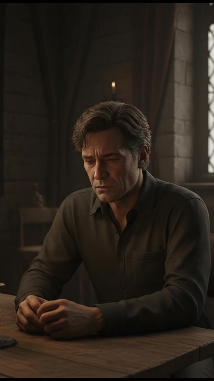 Mark sitting alone in a dimly lit room, looking haunted and regretful.
