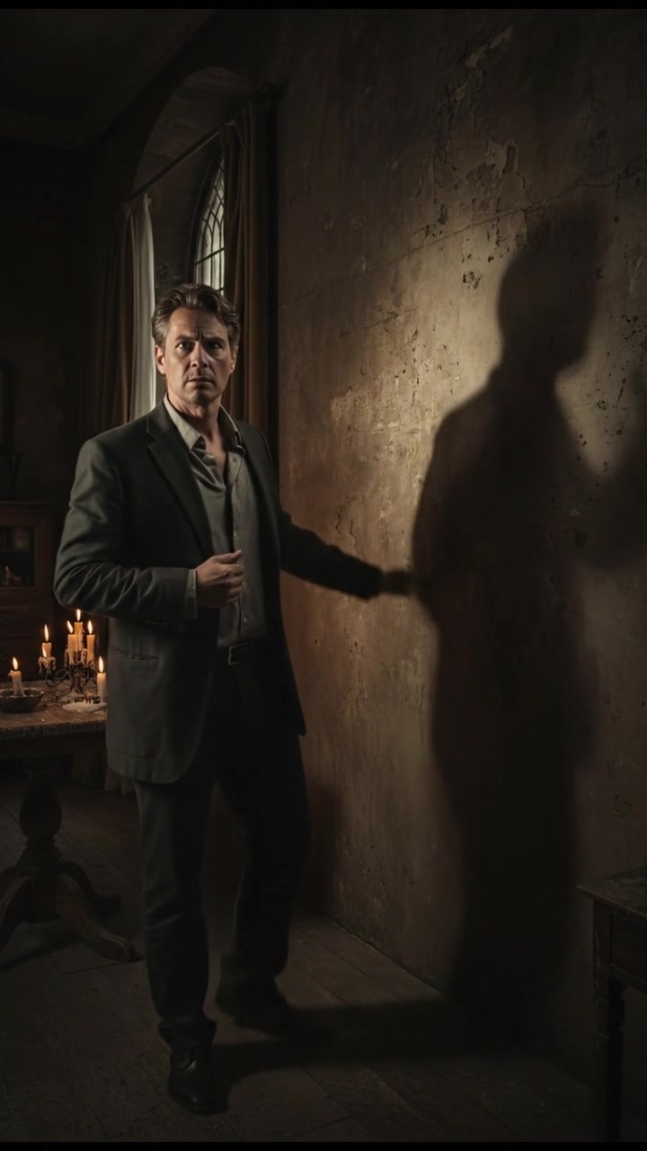 Mark standing in a dimly lit room, looking cautiously at his own shadow on the wall.