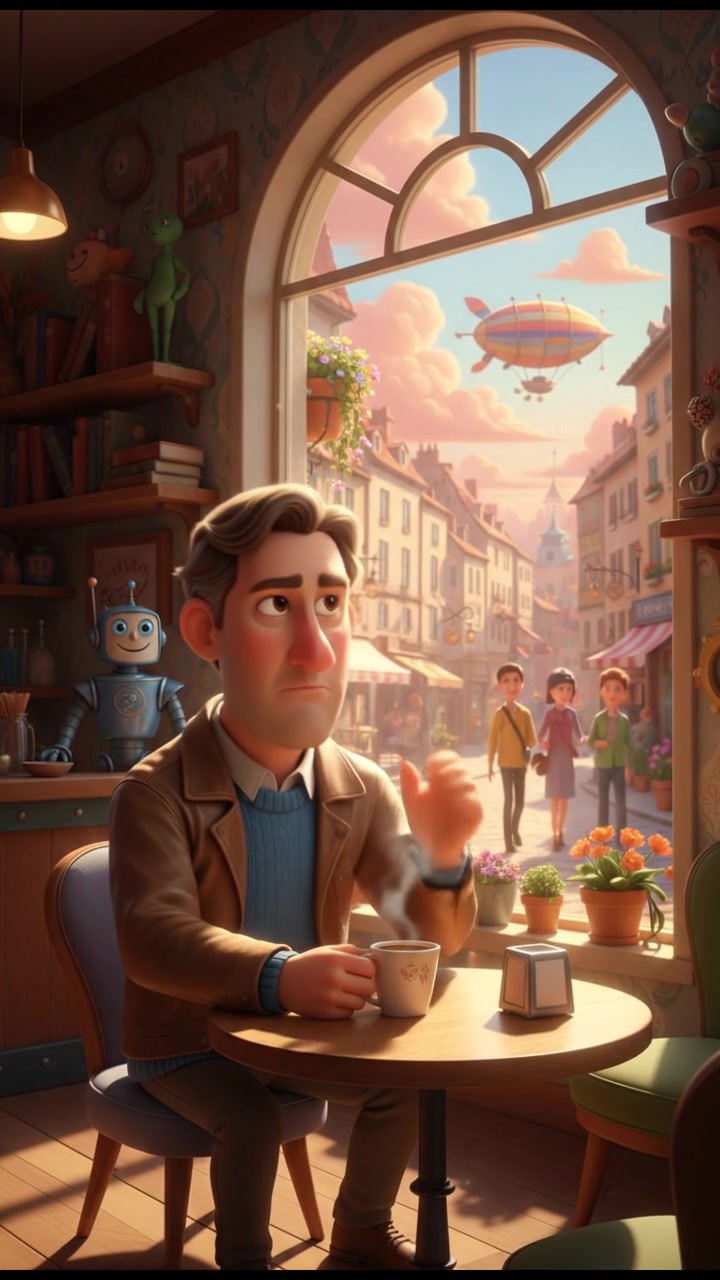 Mark sitting at a table in the cafe, gazing out the window with a thoughtful expression.