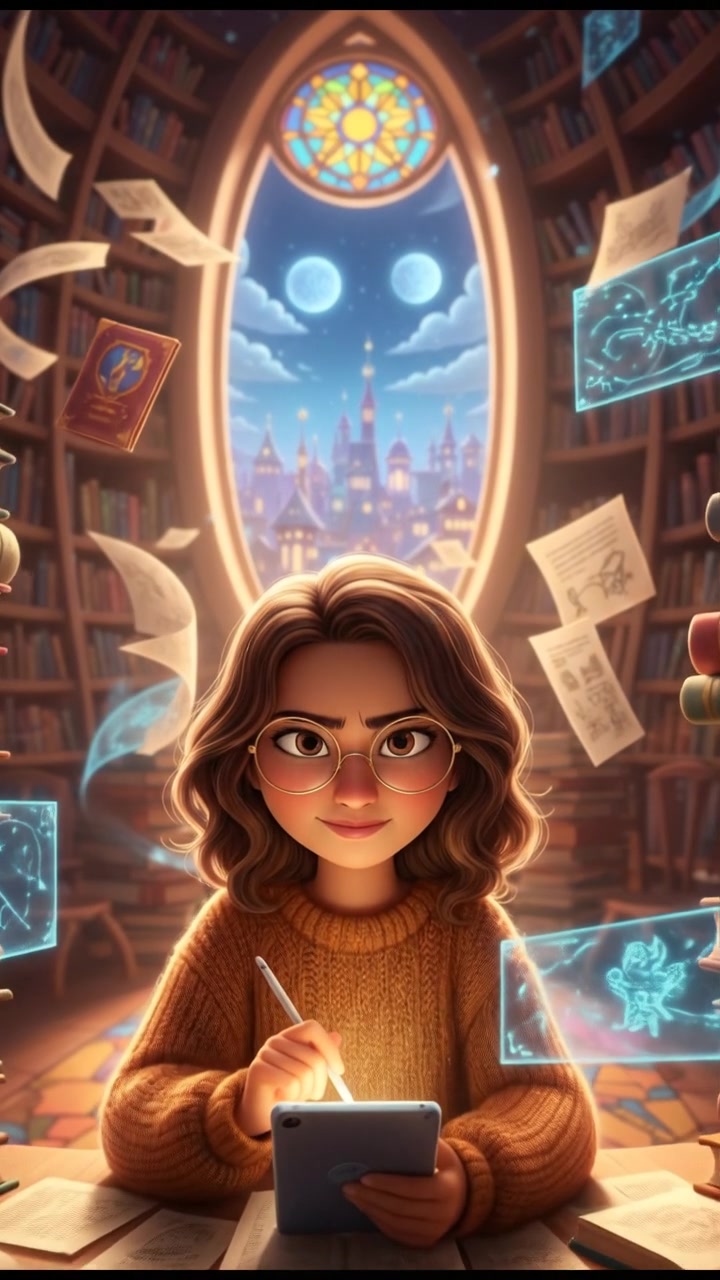 Laila sitting alone at a table, surrounded by books, deep in study.