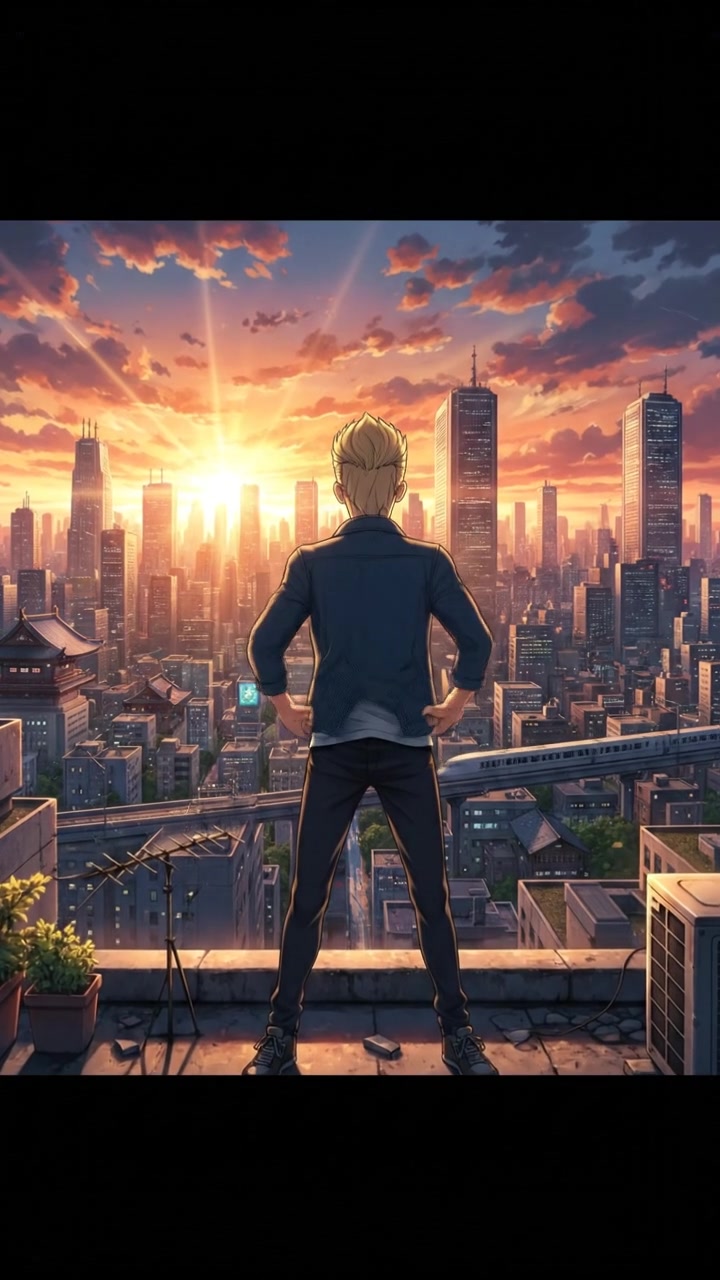 Ryan standing proudly on a rooftop, overlooking a city skyline during sunset.