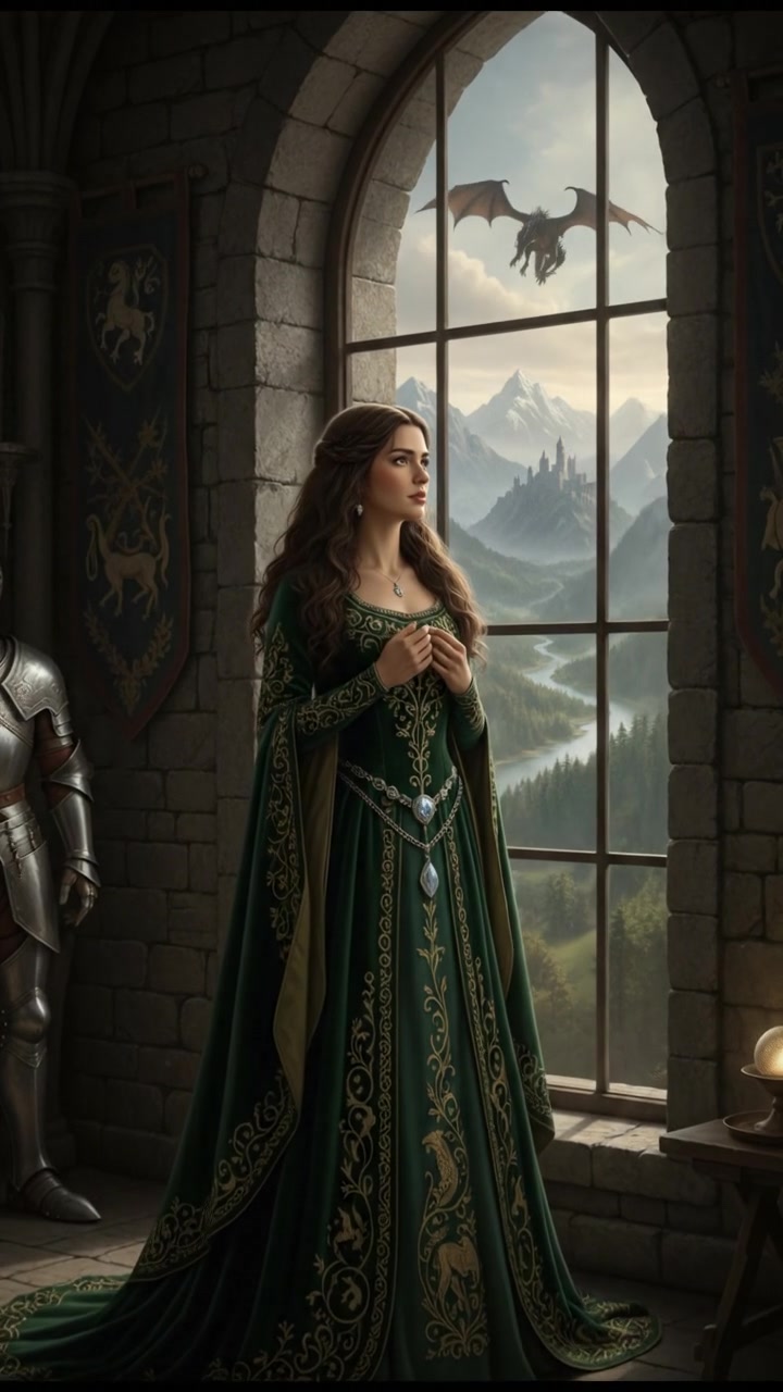 Maya standing by a window, gazing out with a dreamy expression on her face.