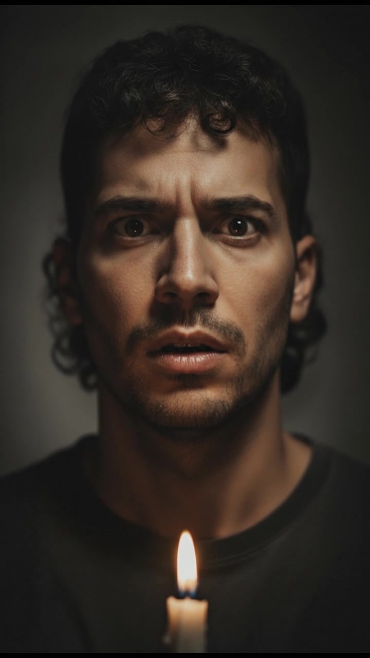 Close-up of Mateo's face as he slowly opens his eyes, looking confused.