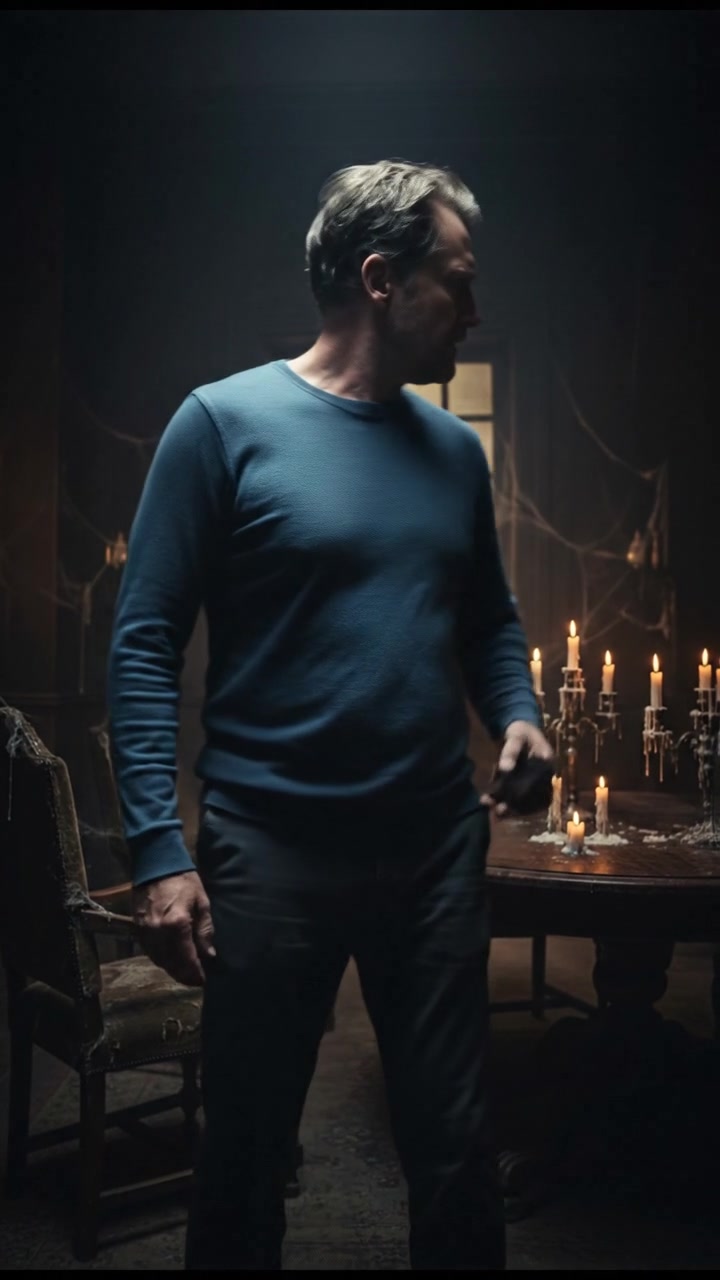 Mark standing in a dimly lit room, holding a phone with a worried expression.