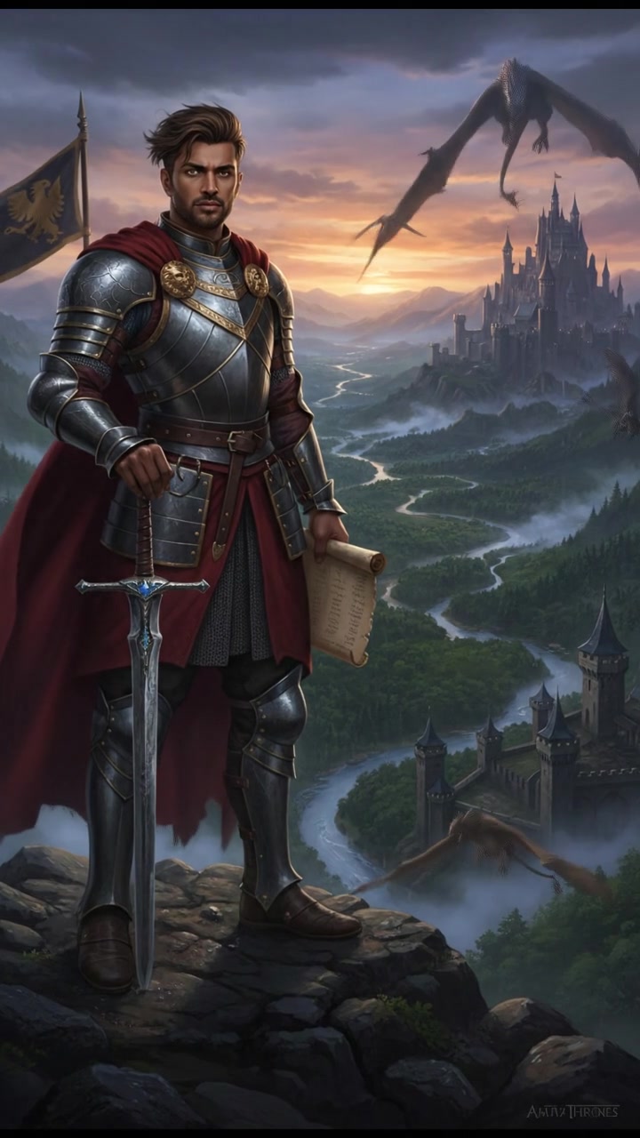 Arjun, looking determined, stands atop a hill overlooking the kingdom.