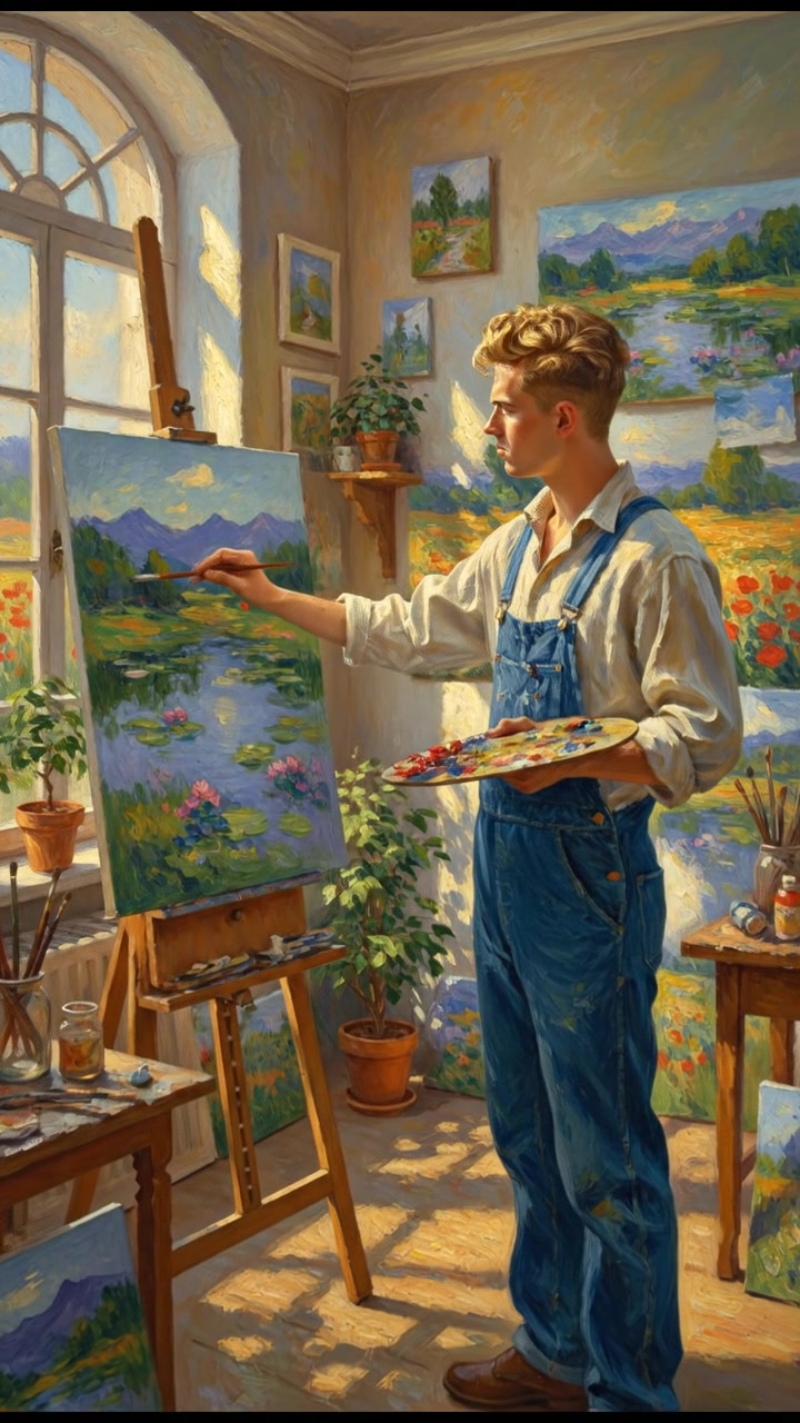 Ryan standing in a sunlit art studio, surrounded by paintings of vibrant landscapes.