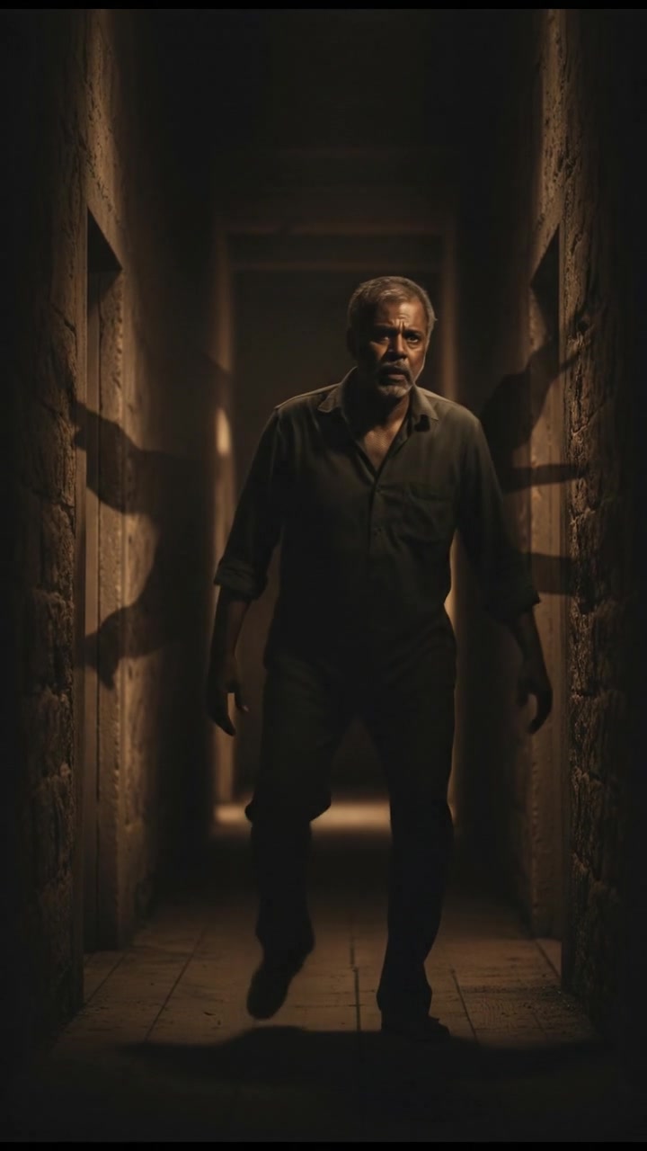 Raj stepping back anxiously, showcasing tension on his face, in the dark hallway.