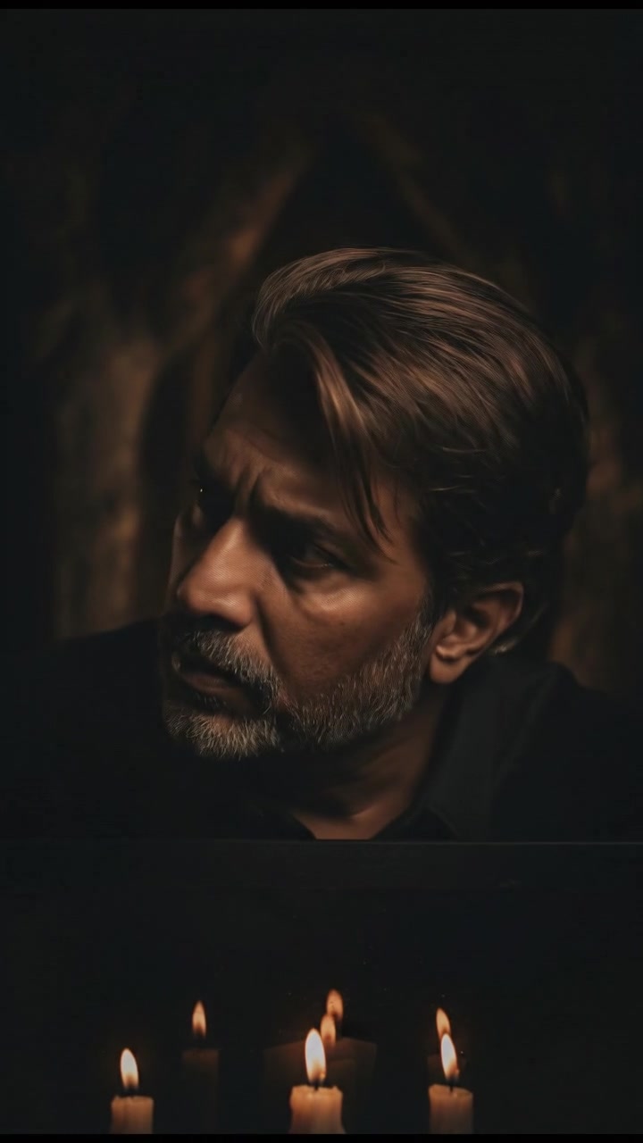 A curious expression on Raj's face, peering into the darkness, intrigued and cautious.