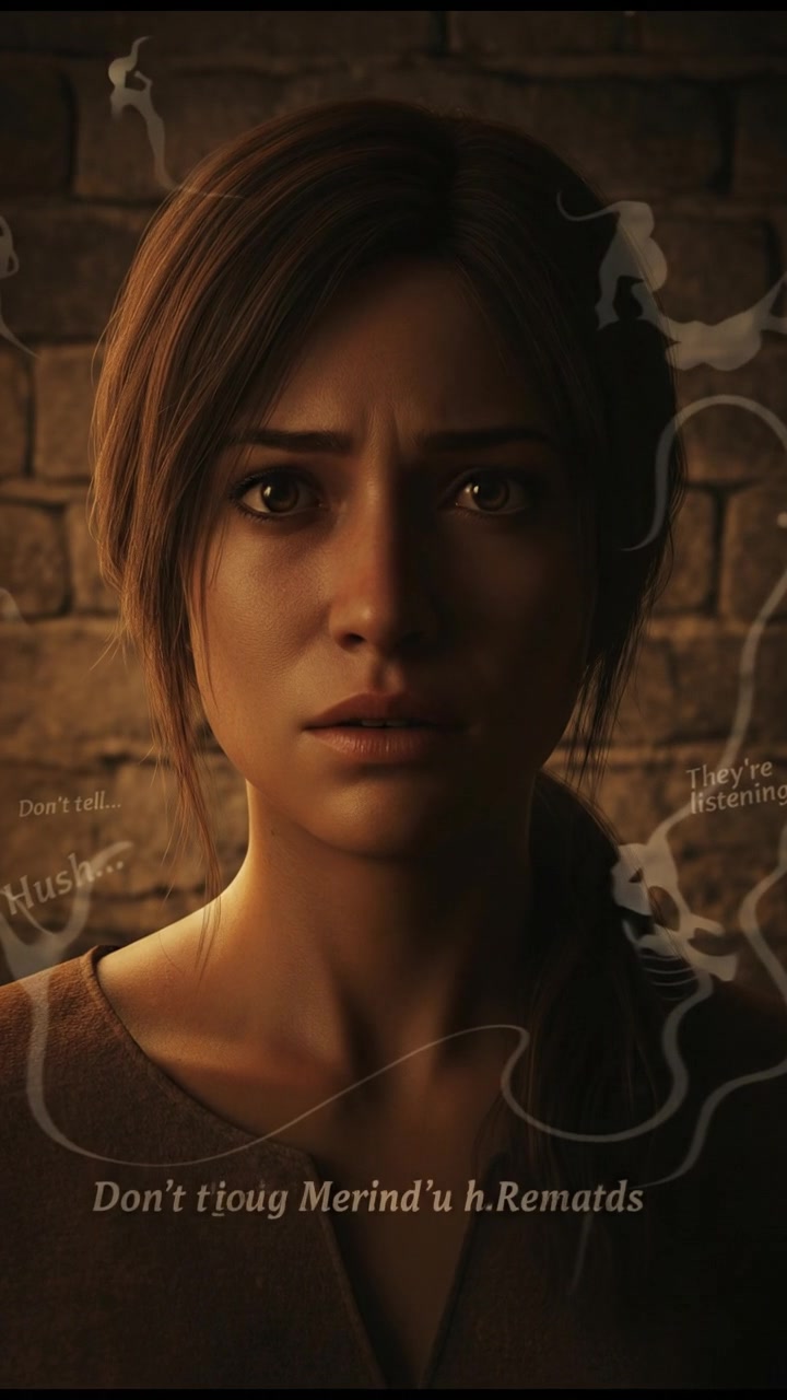 Close-up of Mei's anxious face, with echoes of whispers in the air.