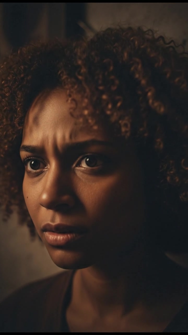 A close-up of the Nia's face in a dimly lit room, her expression curious and intense.