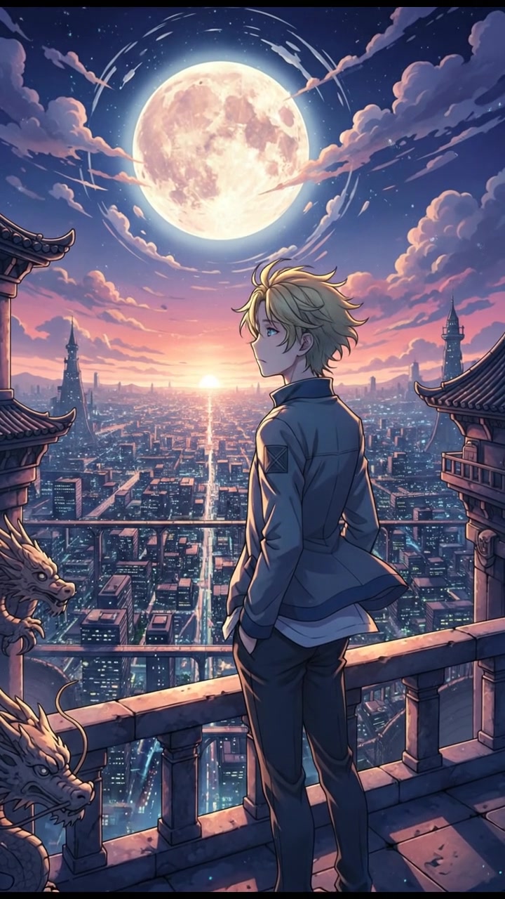 Ryan standing alone on a high balcony, looking out over the city, with the moon above.