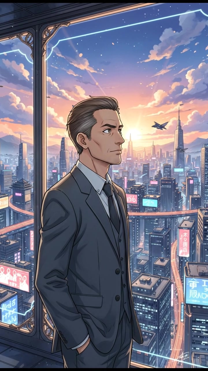 Omar standing against a large window at the 40th floor, looking out over the city.