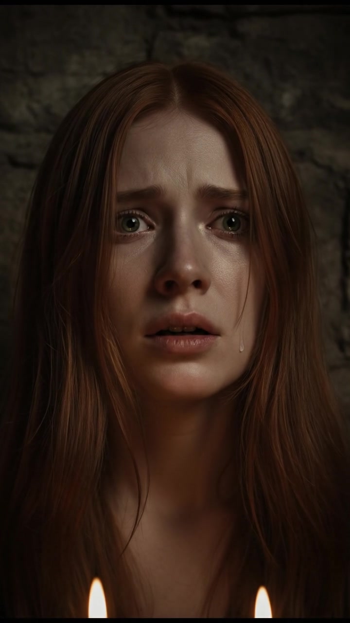 A close-up of Emma's frightened face, showing her stammering in disbelief.