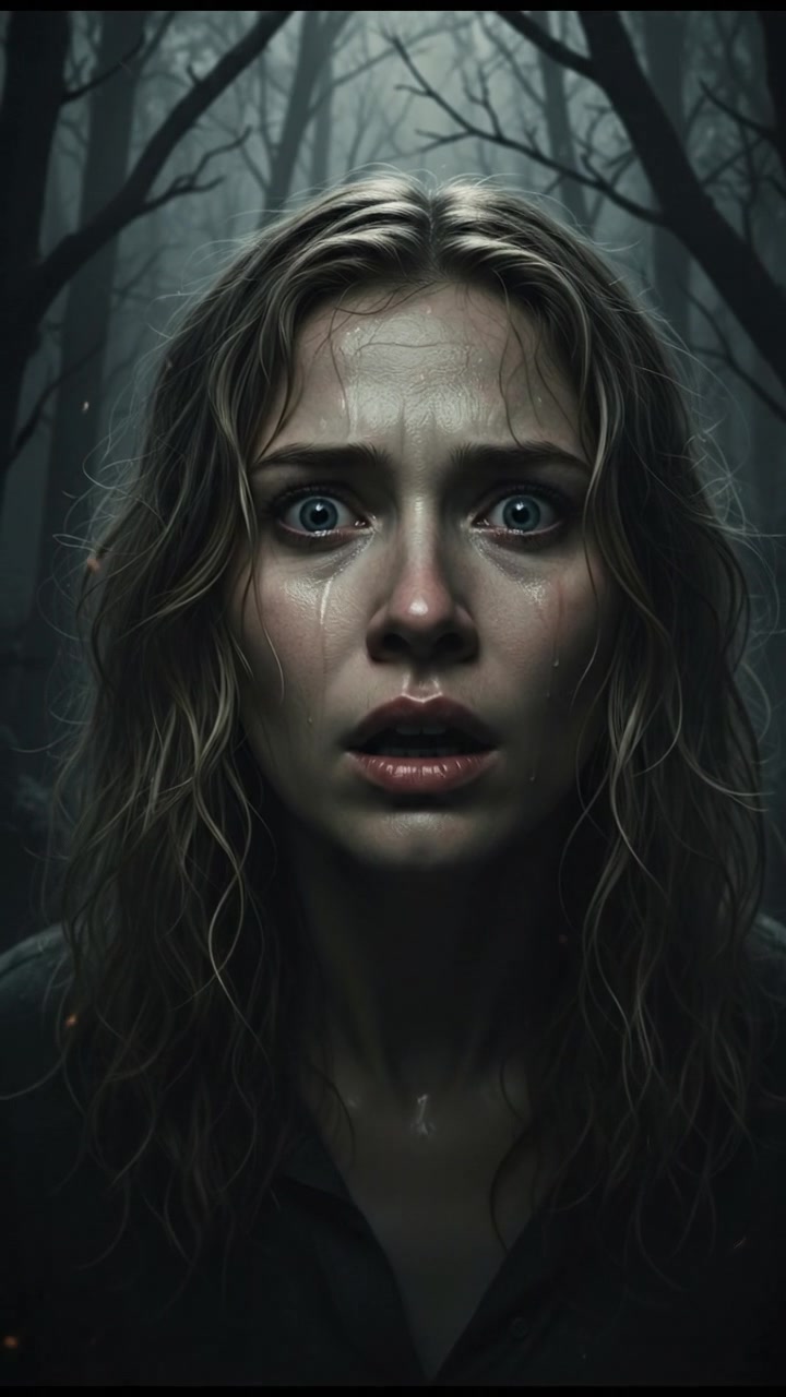Close-up of Ashley's face, showcasing her fear, as the forest around her is dark and ominous.