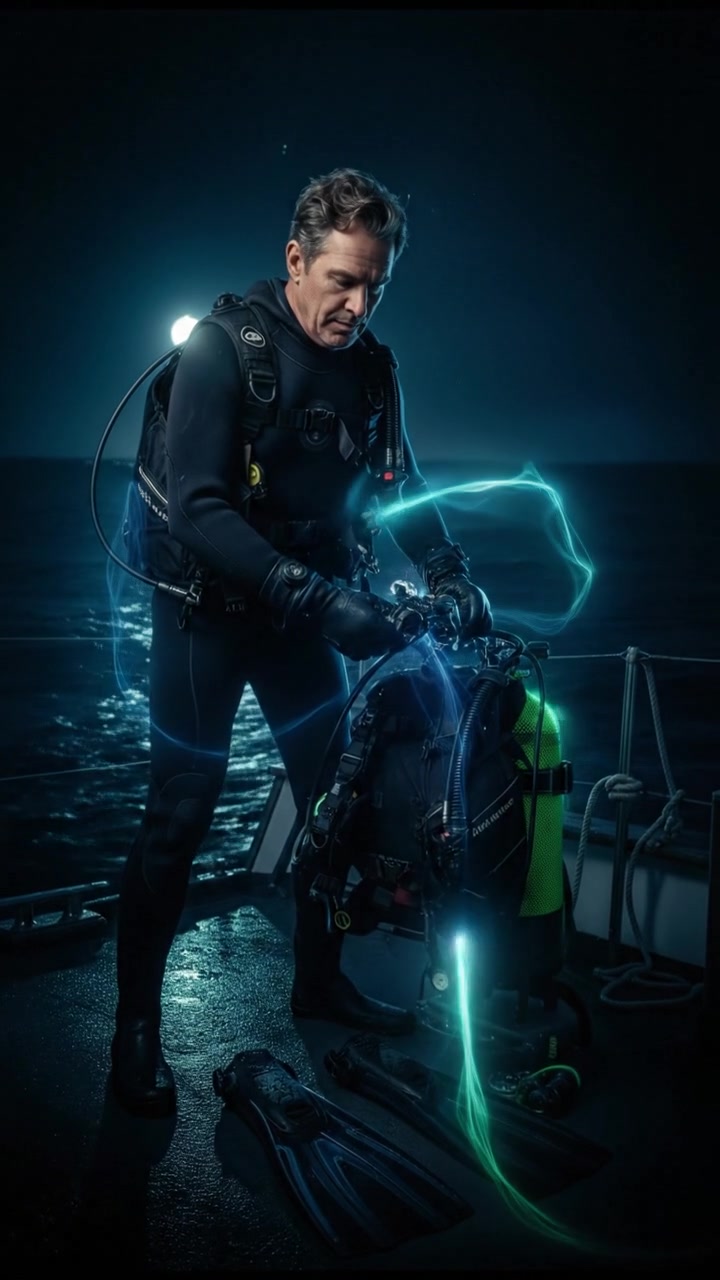 Mark in a diving suit, preparing equipment on a boat before the dive.